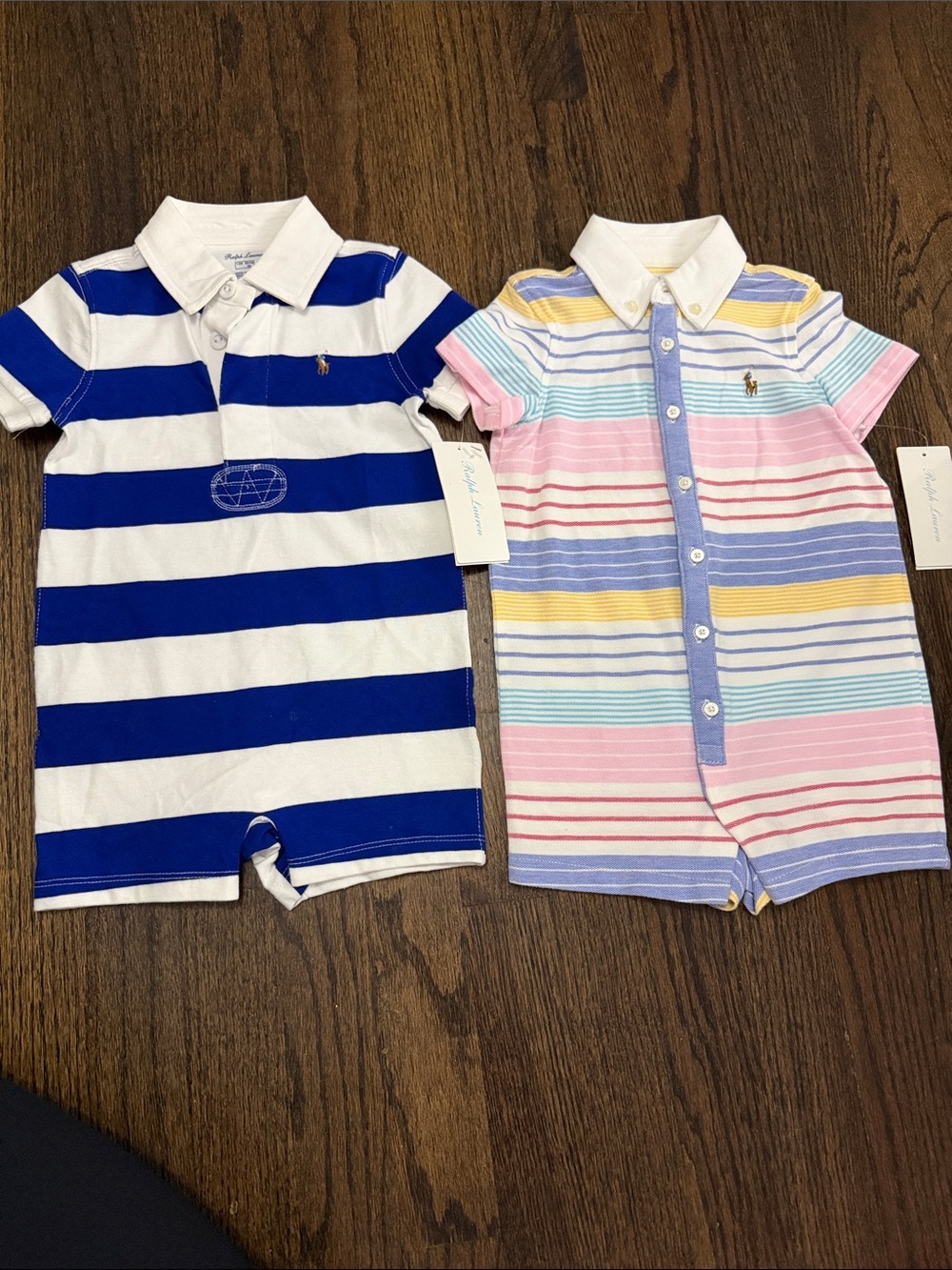 Ralph Lauren Kids Blue & Pastel Multicolor Striped Polo Rompers - 2 Pack